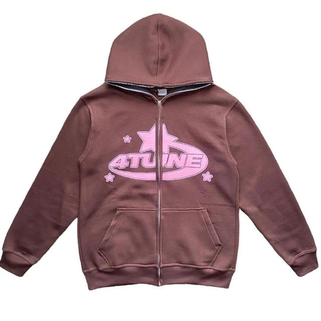 Brown zip-up hoodie featuring a pink star graphic and logo. Includes a hood and front pockets. Casual and relaxed fit.