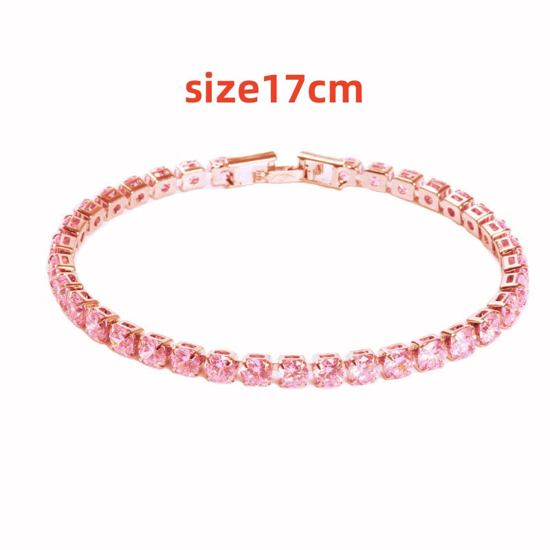 Pink micro zircon tennis bracelet featuring a sleek design, crafted from copper, with a 17cm size.