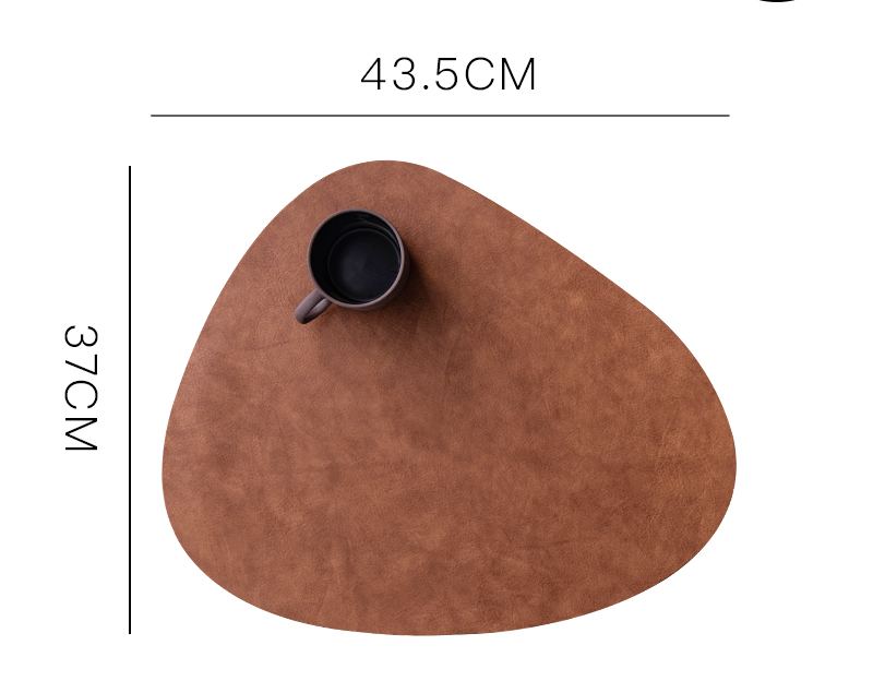 Waterproof brown leather placemat with a smooth texture, featuring a black cup on top, shaped in a soft rectangle.
