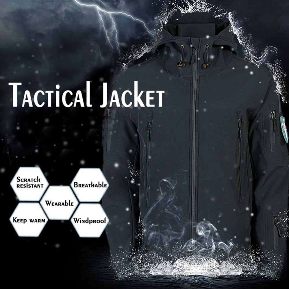 Men's tactical waterproof jacket in solid black, featuring an adjustable hood and multiple zippered pockets.