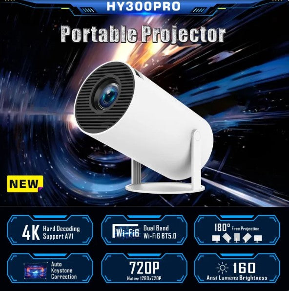 Compact white projector with a round lens, designed for portability, featuring Wi-Fi and 720p resolution capabilities.