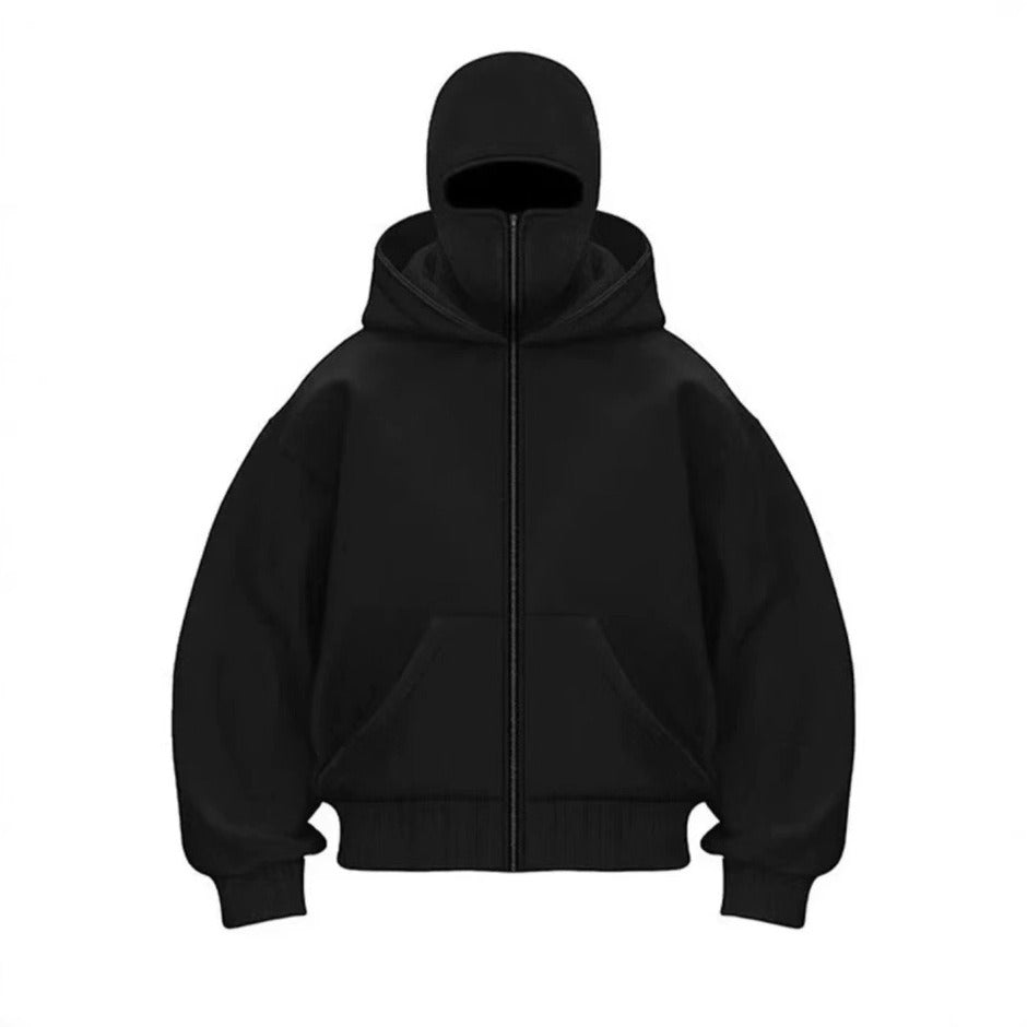 Hooded zip-up baseball jacket in solid black, featuring a relaxed fit, long sleeves, and front pockets.