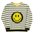Striped sweatshirt in white, black, and yellow featuring a large smiley face graphic with the text "BE HAPPY GOOD VIBES ONLY.
