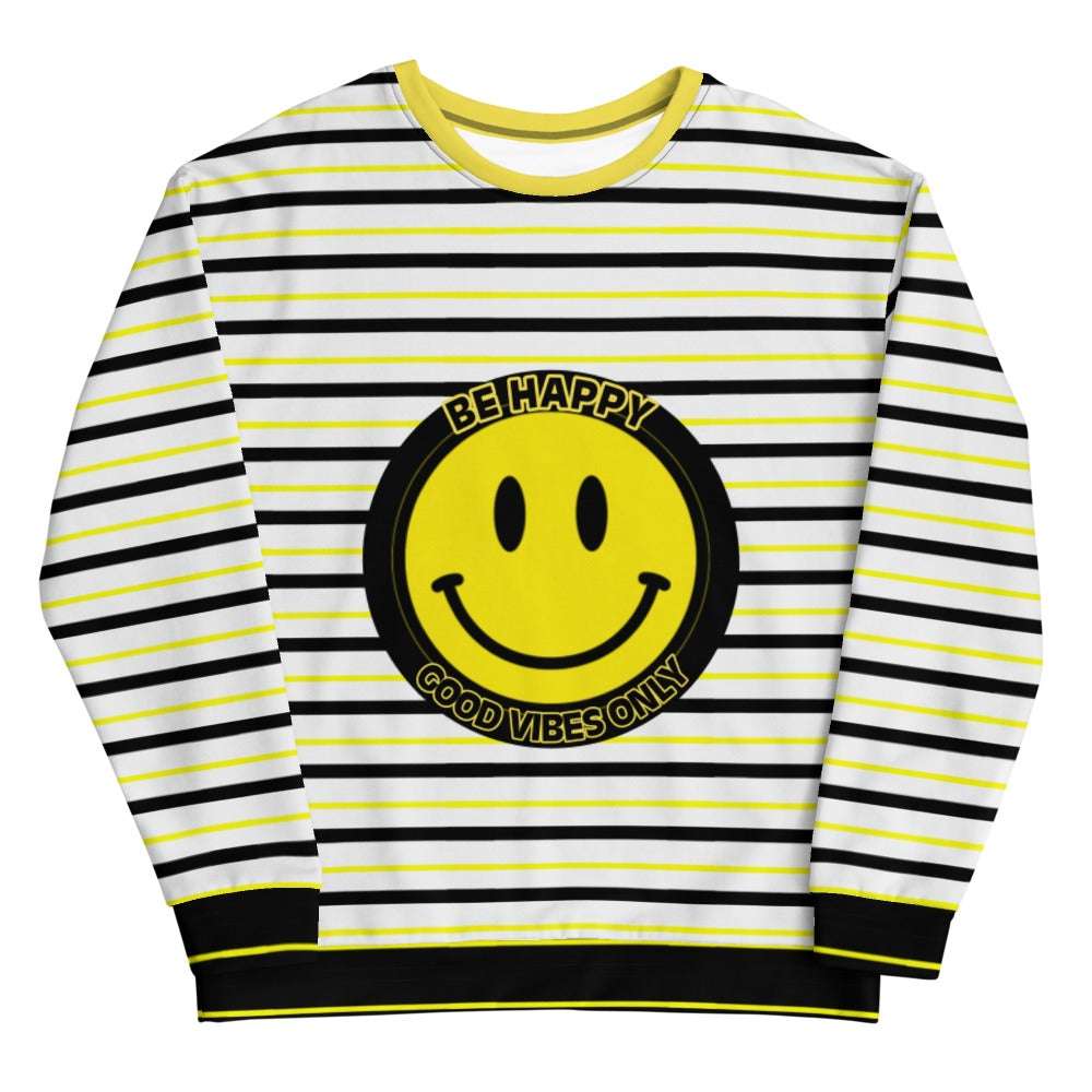 Striped sweatshirt with a yellow and black smiley face graphic, featuring "BE HAPPY GOOD VIBES ONLY" text.