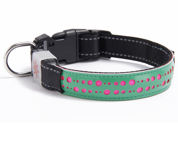 Bright green leather pet collar with playful pink dot pattern and black nylon strap. Features a clip closure and light-up functionality.