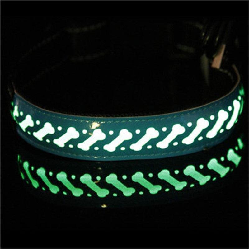 Green LED glow pet collar with bone pattern, featuring light-up details and a reflective design.