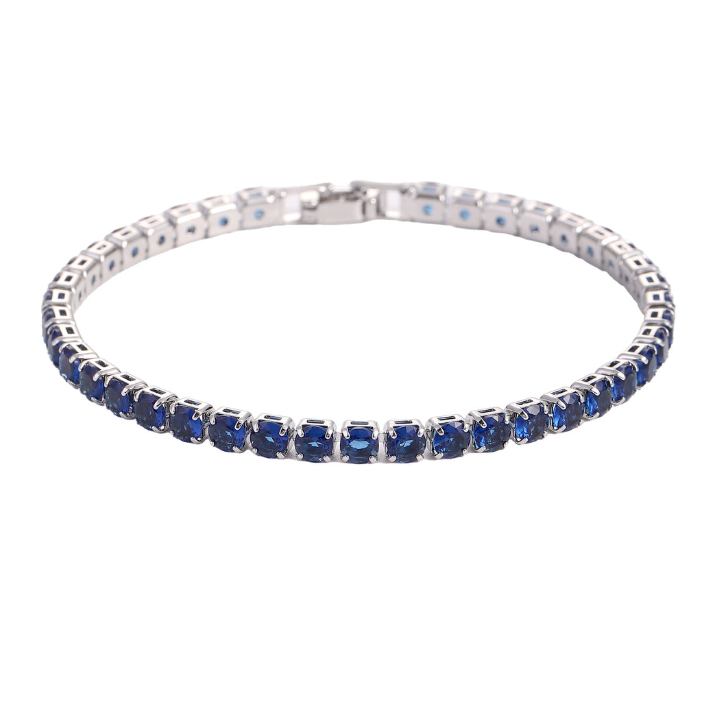 Micro zircon tennis bracelet in platinum with a blue gemstone design, featuring a secure clasp for easy wear.