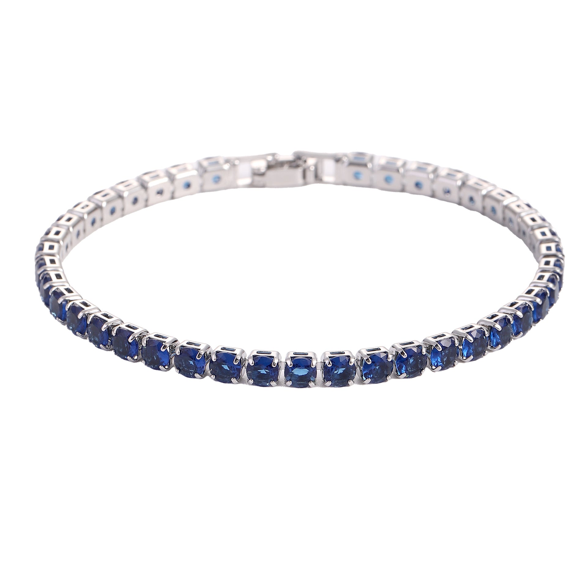 Micro zircon tennis bracelet in platinum with a blue gemstone design, featuring a secure clasp for easy wear.