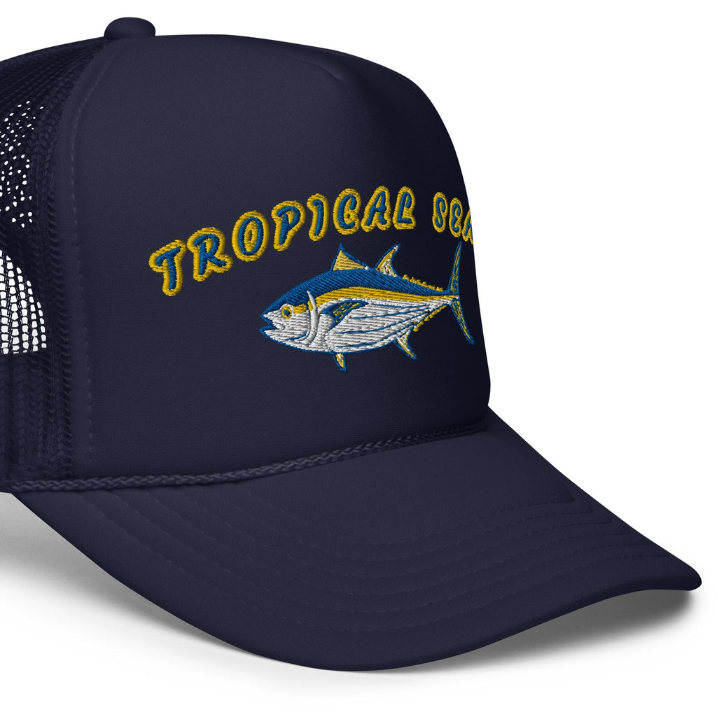 Navy foam trucker hat featuring an embroidered Tuna design and 'Tropical Seas' text, with a breathable mesh back.