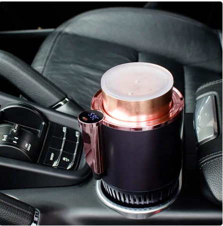 2-in-1 Smart Car Cup Warmer/Cooler in black with a metallic rose gold lid, displayed in a car's console.