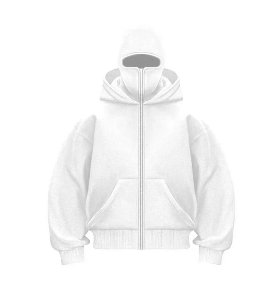 Men's hooded zip-up baseball jacket in white, featuring a zip front and spacious pockets. Casual, relaxed fit design.