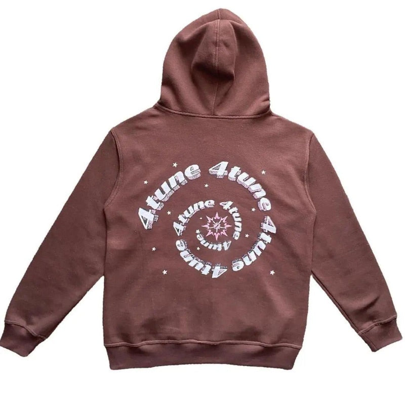 Brown zip-up hoodie featuring a playful star print with the text "4tune" arranged in a spiral pattern.