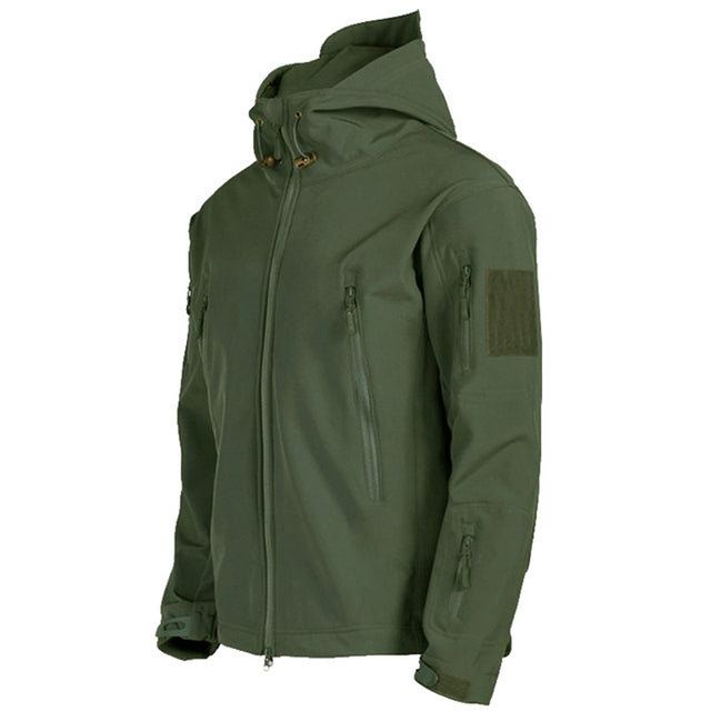Men's tactical waterproof jacket in forest green, featuring a zip front, adjustable hood, and multiple zippered pockets.