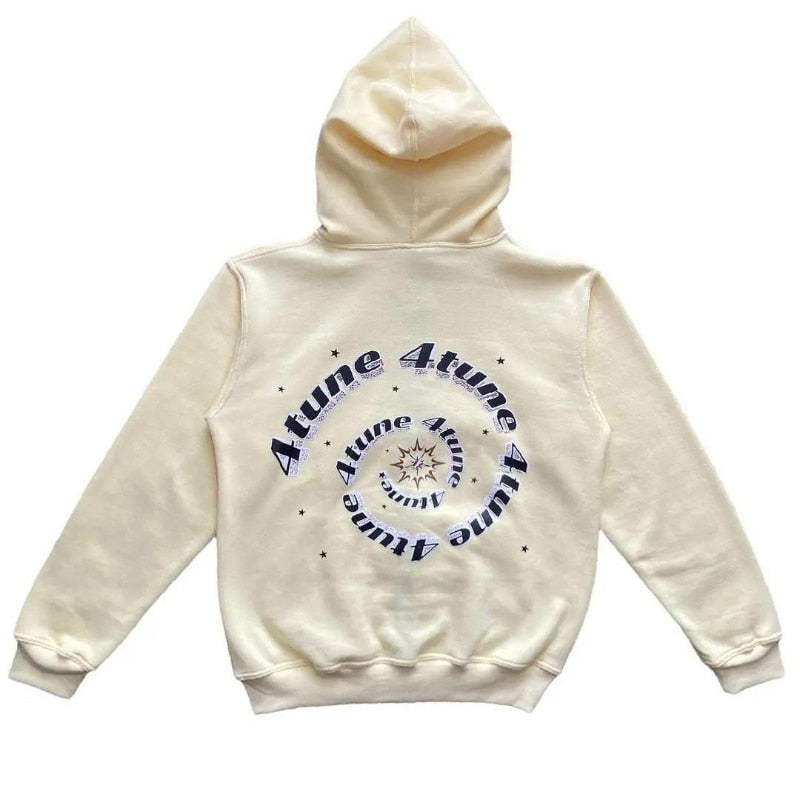 Star printed zip-up hoodie in cream with a relaxed fit, featuring a spiral design and star graphics on the back.
