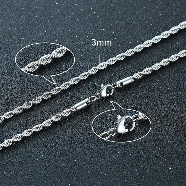 Twisted Rope Figaro Necklace featuring a 3mm stainless steel chain with intricate twisted rope design and secure clasp.