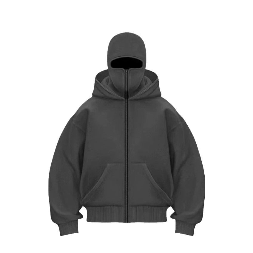 Men's hooded zip-up baseball jacket in black, featuring a relaxed fit, long sleeves, and front pockets.