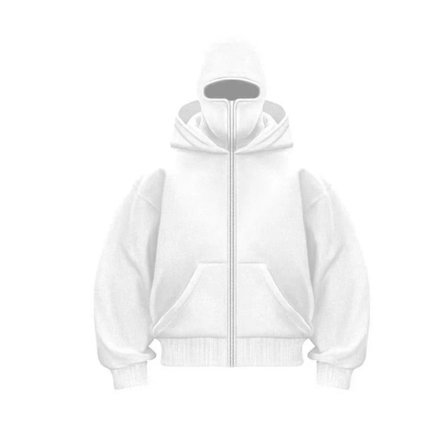 White hooded zip-up baseball jacket with a casual fit, featuring a front zipper and two side pockets.