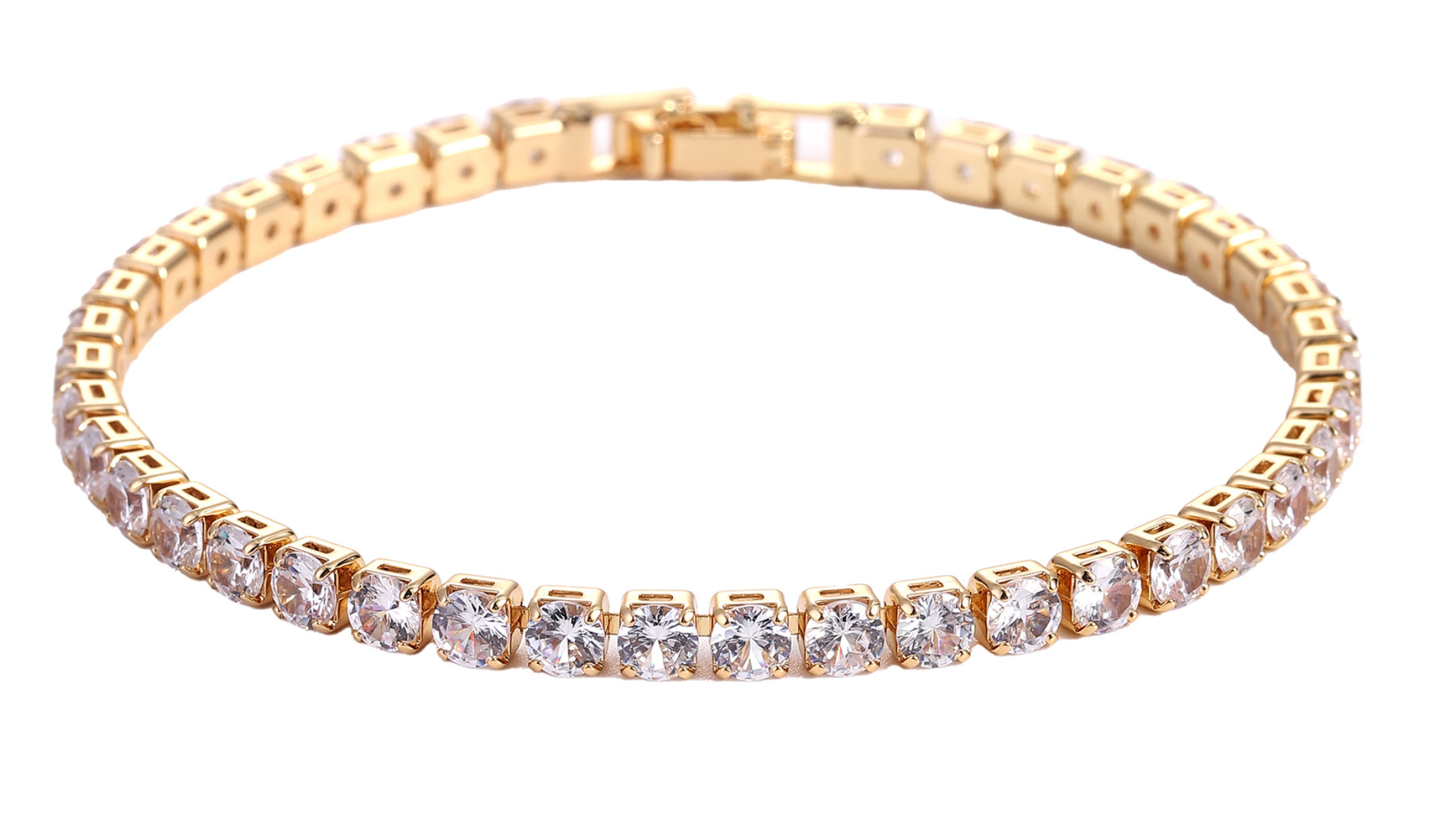 Gold-tone tennis bracelet set featuring sparkling zircon stones in a linked design. Perfect for any occasion.