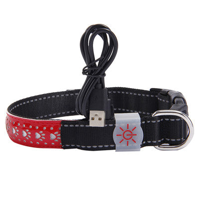 Red carved leather LED glow pet collar with black fabric backing and USB charging cable attached.