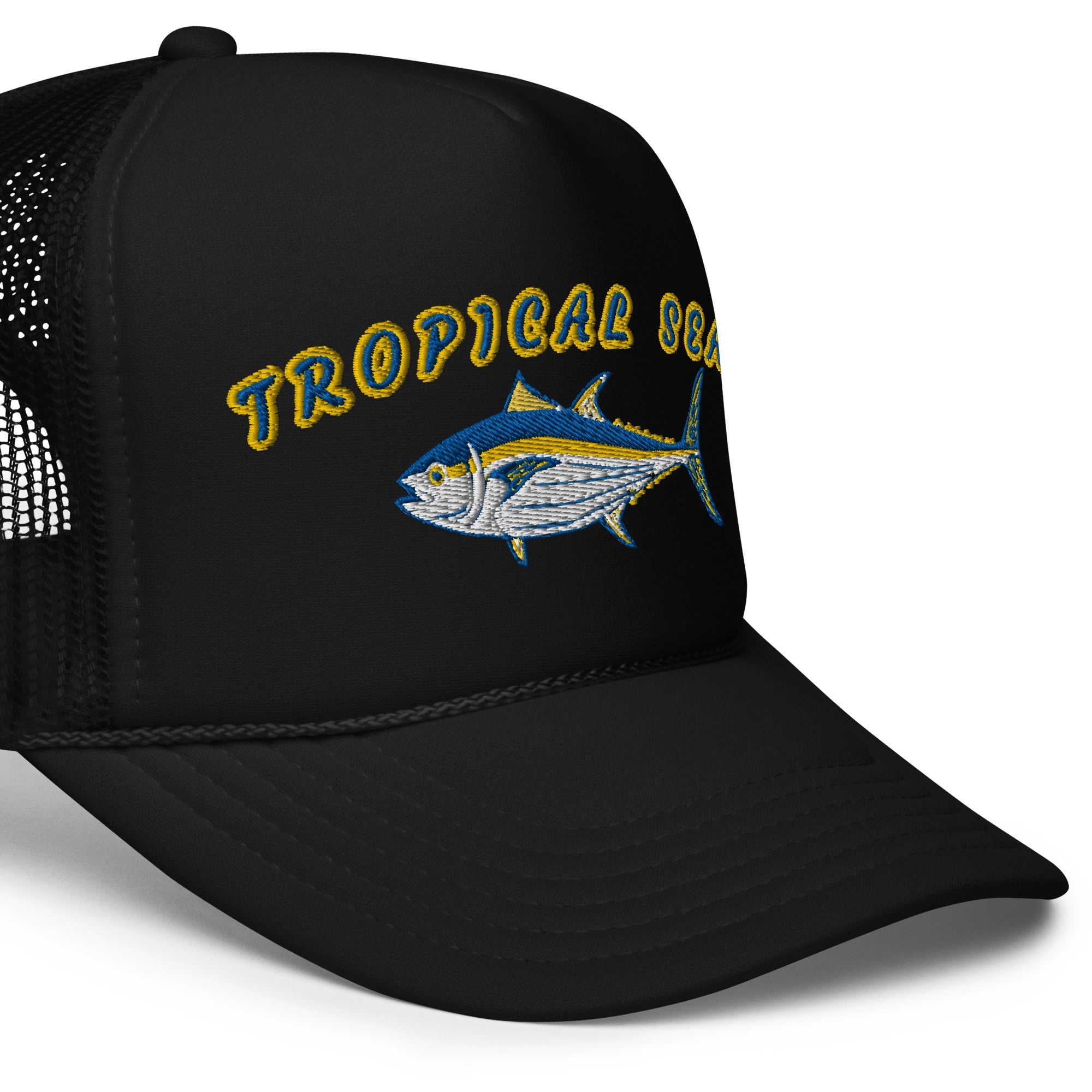 Black foam trucker hat featuring an embroidered Tuna design and "Tropical Seas" text, with a breathable mesh back.