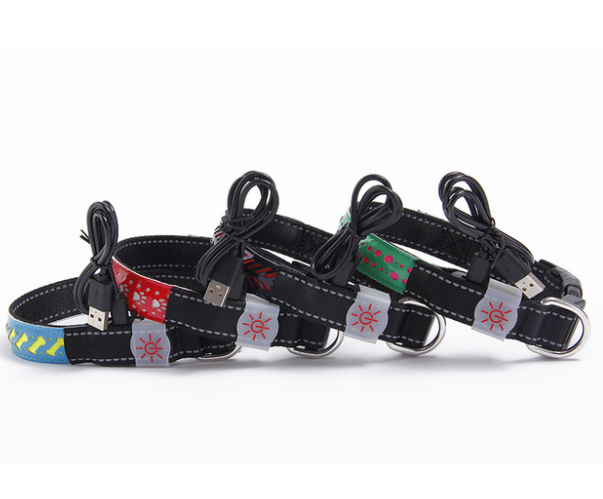 Colorful LED glow pet collars in red, blue, green, and black leather, featuring USB charging cables and light-up designs.