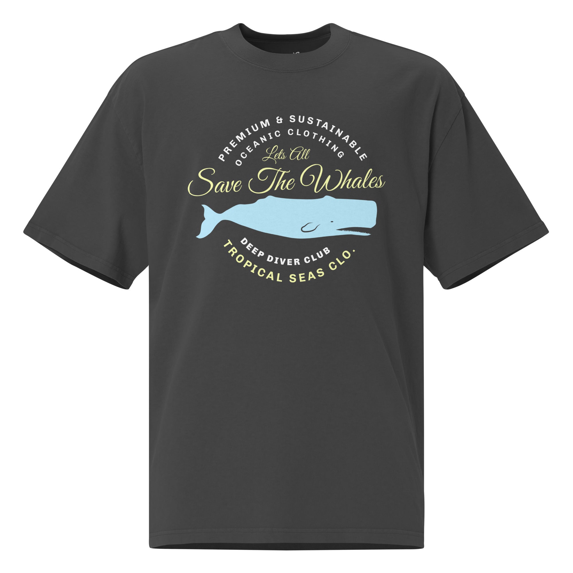 Oversized faded gray t-shirt featuring "Let's Save the Whales" graphic in pastel colors, with a boxy fit and dropped shoulders.