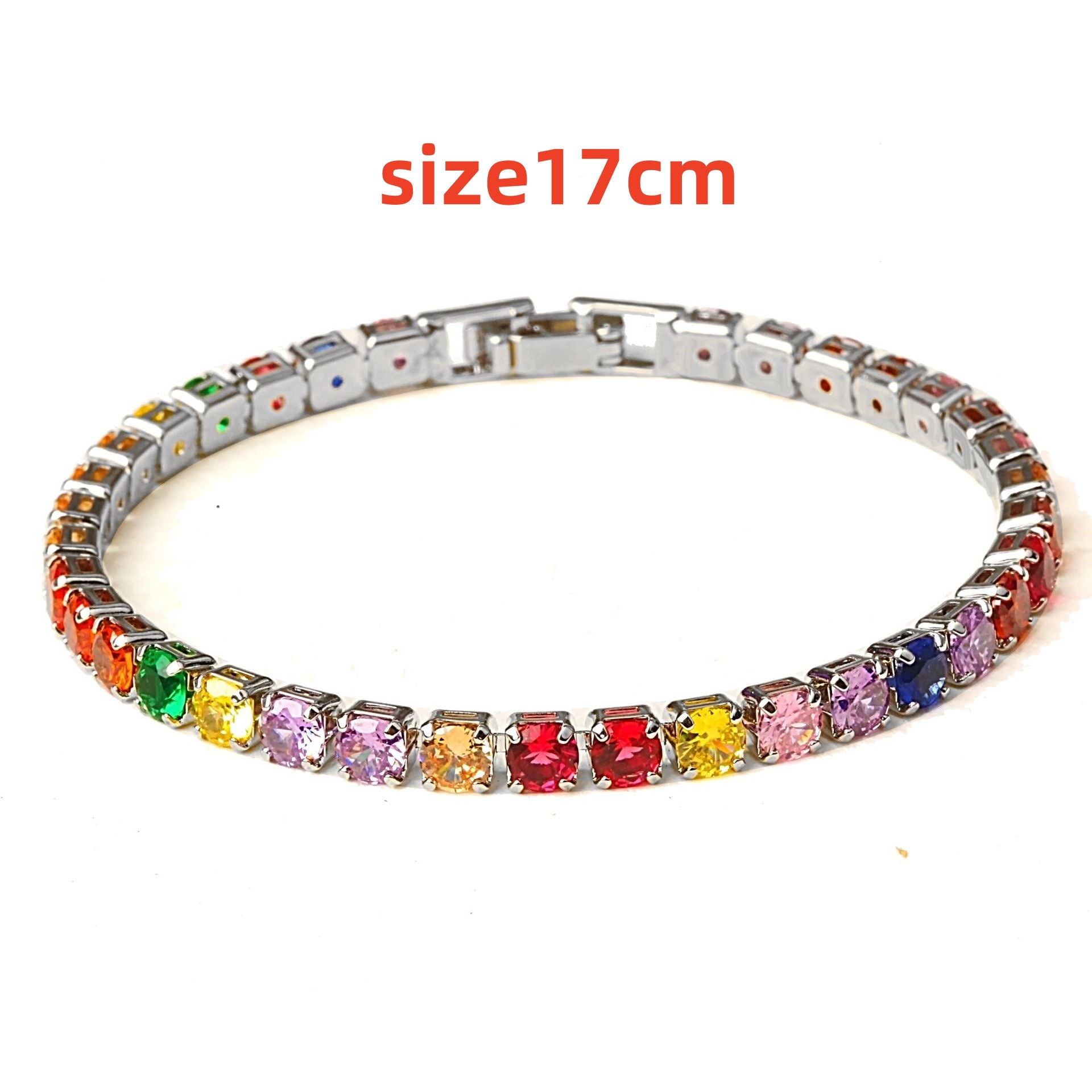 Colorful micro zircon tennis bracelet featuring a silver-tone band and a mix of vibrant gemstones in various hues. Size 17cm.